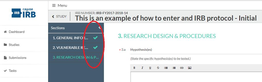 The section is completed when it has a green checkmark next to it in this pane (see Screen Shot 5). (Screen Shot 5) Choose [Complete Submission] Choose [Confirm] or you may [Cancel] and make changes.