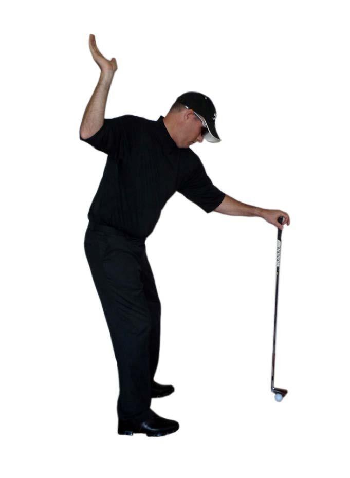 Now swing your right hand back as if hitting a shot and then From this top of the swing position simply swing your right arm down and under, but keep the arm on top of the shaft in pretty much the