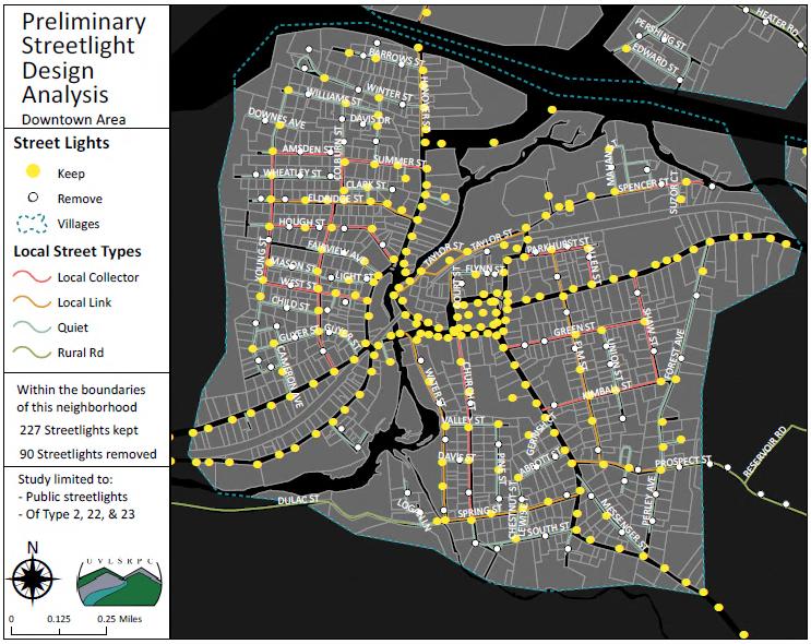 Downtown Detail of Preliminary Streetlight Analysis PUBLIC OUTREACH AND SURVEYS The City, with assistance from UVLSRPC, hosted neighborhood meetings and administered a survey to assess