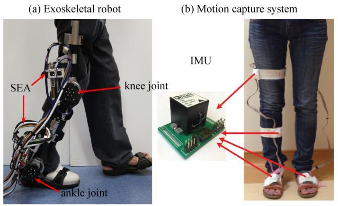 TBME-0485-205 6 Fig. 6. (a) Prototype of a kee-akle-foot exoskeletal robot; (b) motio capture system with IMU sesors.