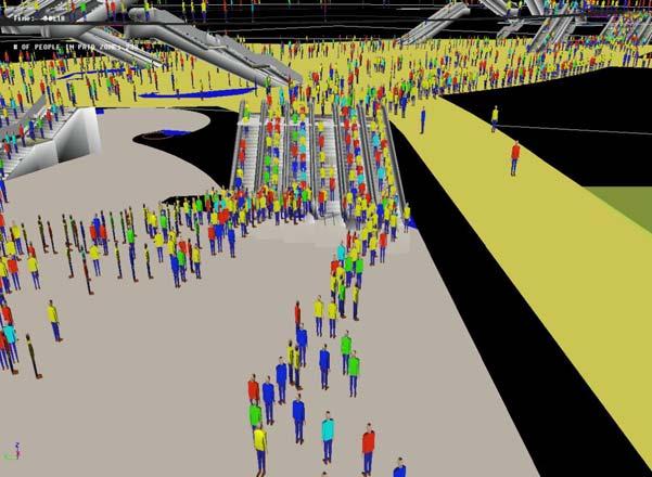 Figure 2: Pedestrian Queuing at Escalators during Train Alighting Surge Second, the simulation identifies hot spots, locations that exhibit a high pedestrian density and possibly operate at poor