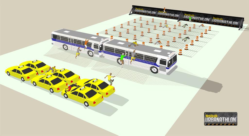 TAXIS & BUSES TO CHAIN LINK CRAWL TO WALL FINISH 1. In the order shown, get up and over the taxis, buses, under the chain link and over the wall, but never around any element of the obstacle course.