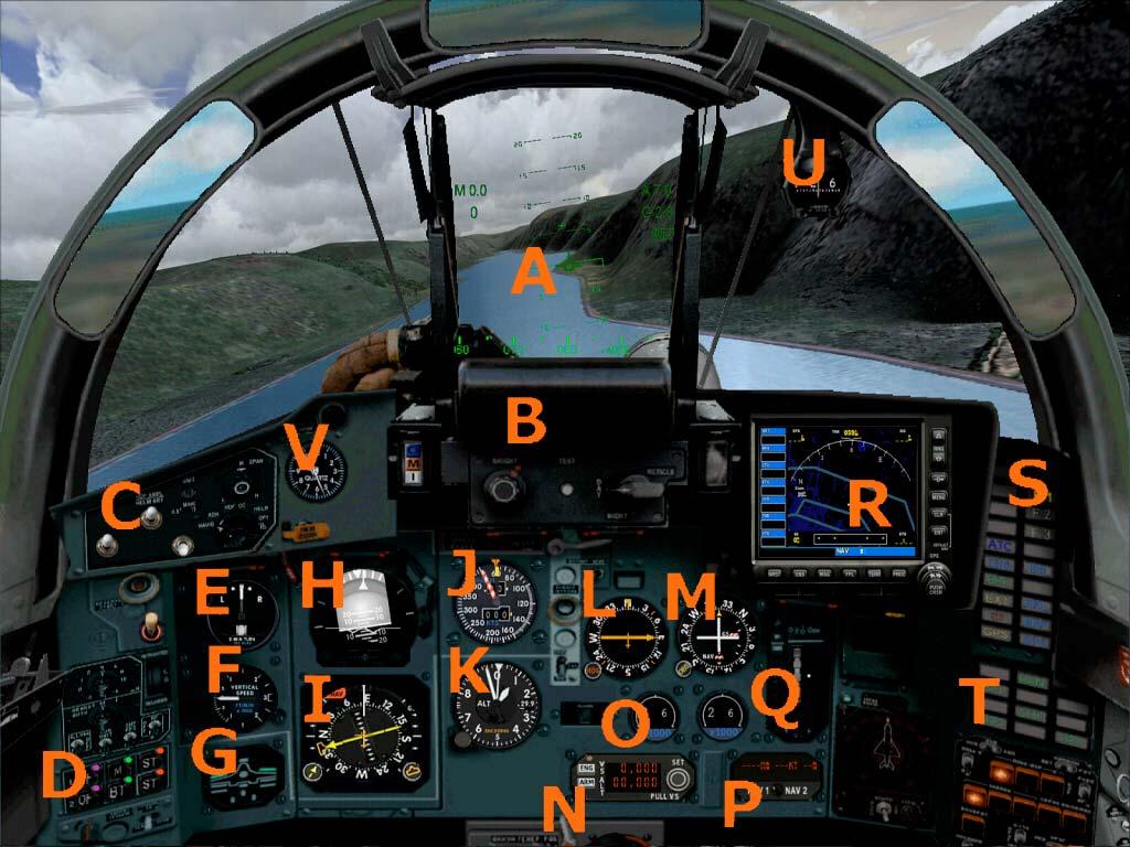 The panel A HUD B HUD controls C Master, Generator and Pitot Heat Switch D Engine control switch E Turn-Bank F Vertical-Speed G Gear, Flaps, Brake, Canoby - status H Attitude I