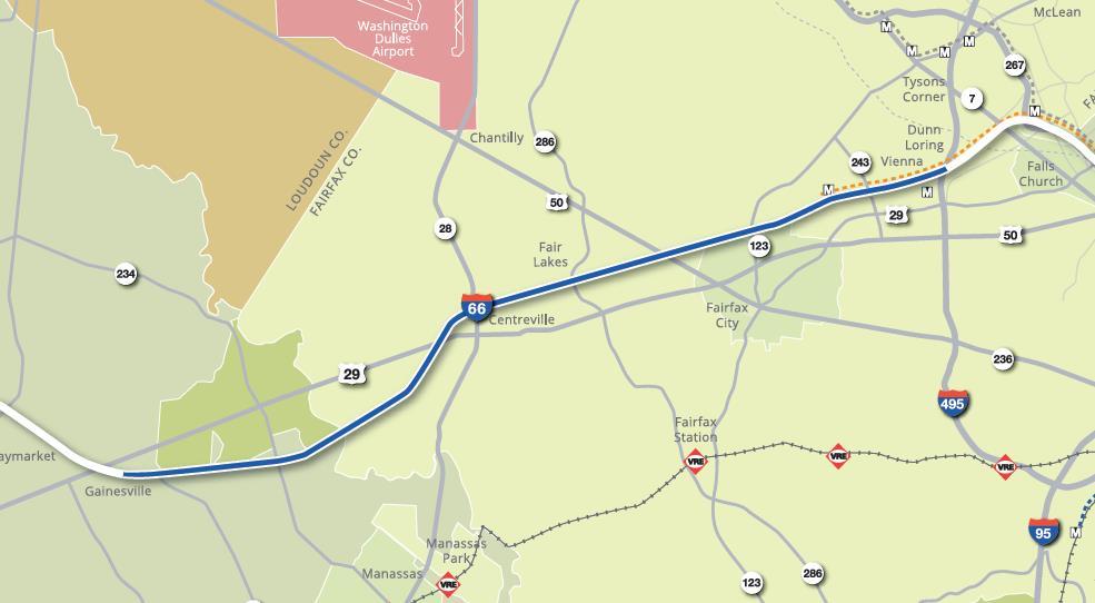 I-66 Outside the Beltway Project Two Express Lanes (convert existing HOV lane & add one lane) HOV-3+ and buses travel free Non-HOV tolled Congestion-based tolls (similar to other Express Lanes in