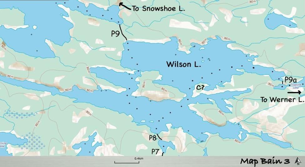 Portages P7, P8: To Wilson Refer to Map Bain 2. Portage P9: To unnamed lake and beyond to Snowshoe Portage P9 is the longest portage of the portages between Davidson and Snowshoe lakes.