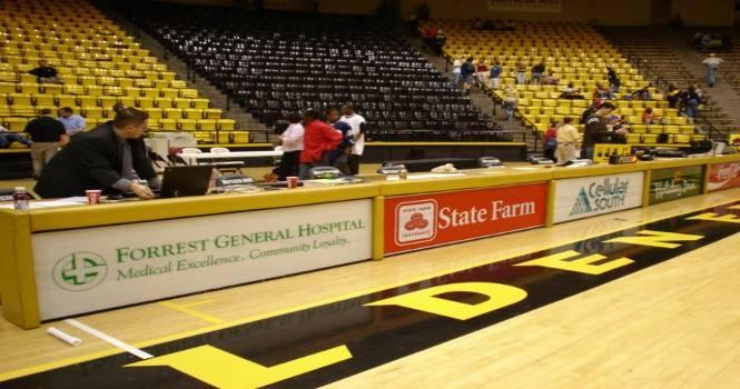 Fans for sponsor Press Row and Scorers Table Signage - SOLD Your company logo on (1) of 13 panels located courtside at Reed Green Coliseum