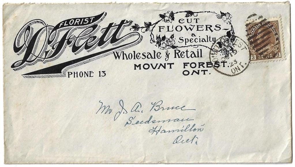 Item 280-25 Cut flowers, a speciality 1923, 3 Admiral tied by Mount Forest Ont duplex