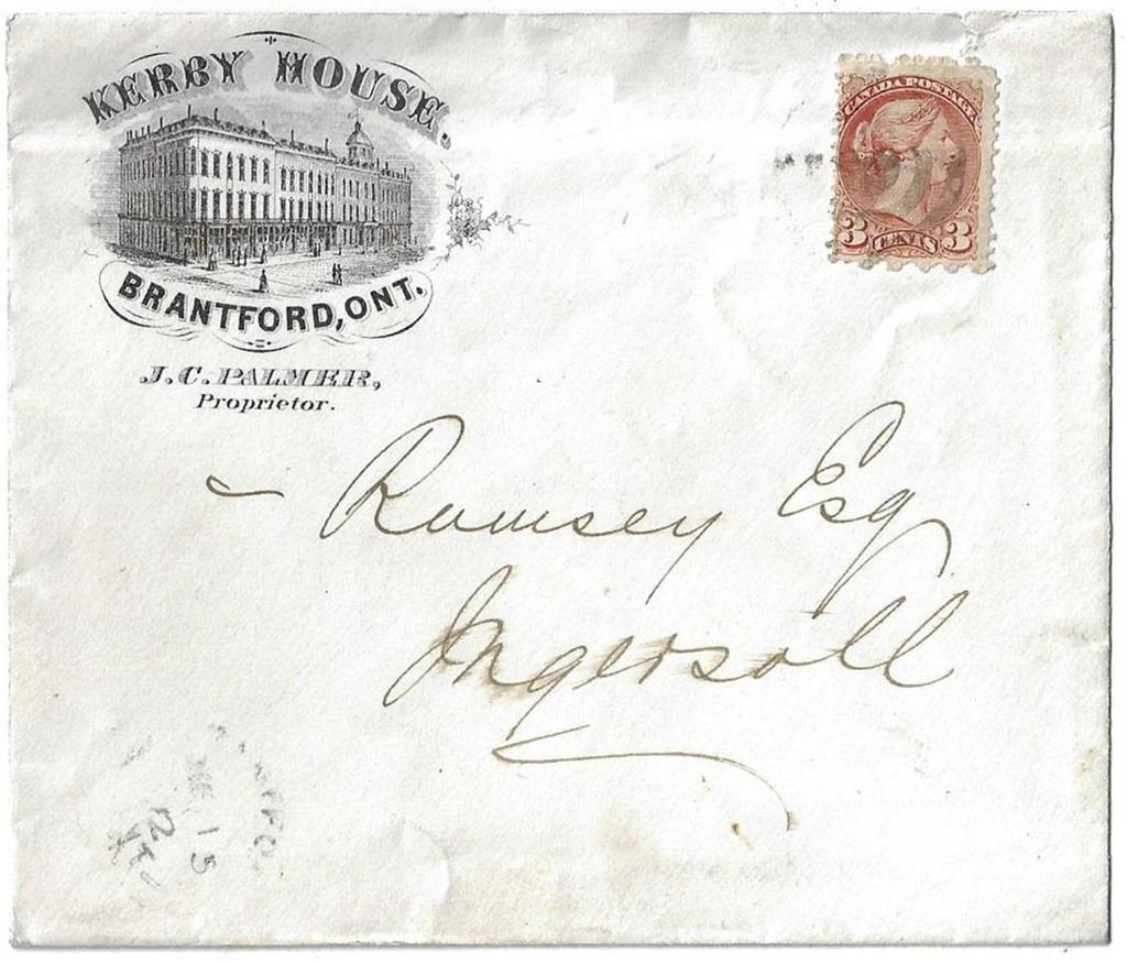 Item 280-02 Kerby House Brantford 1872, 3 SQ tied by target cancel from Brantford Ont on