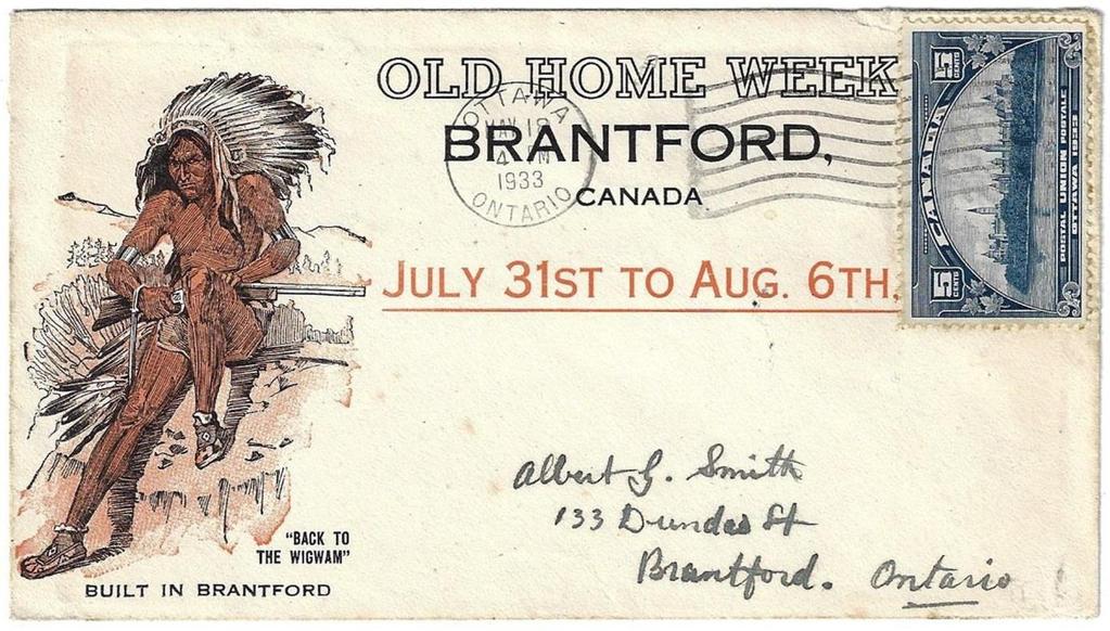 Item 280-29 Old Home Week Brantford 1933, 5 UPU Ottawa tied by Ottawa machine cancel on Old Home Week cover