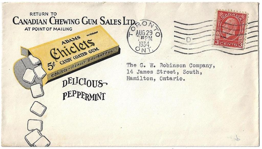 Item 280-33 Chiclets, Chewing Gum 1934, 3 Medallion tied by Toronto machine cancel on Canadian