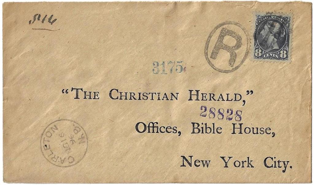 Item 280-08 Carleton NB registered 1896, 8 SQ (very fine centering) tied by oval R cancel on cover from Carleton NB paying