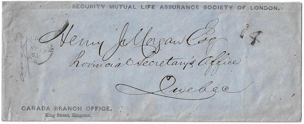 $60.00 Item 280-11 Kingston unpaid 14-1865, stampless cover from Kingston CW (Berri hammer) rated 14