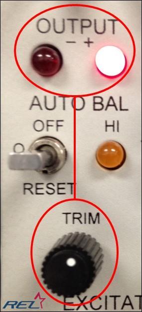e. Adjust TRIM dial to eliminate Out-of-Balance (OUTPUT) error light. See Vishay Signal Conditioning Amplifier instruction manual for balancing lights.