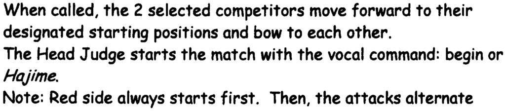 ~ OR KIHON-IPPON KUMITE TO START A MATCH OR EVENT 1. When called, the 2 selected competitors move forward to their designated starting positions and bow to each other. 2. The Head Judge starts the match with the vocal command: begin or Hajil17e.