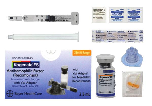 with diluent and vial for factor Clotting factor concentrate, sterile water vial, Mix2Vial transfer device 250-1000 IU assay range: 2.