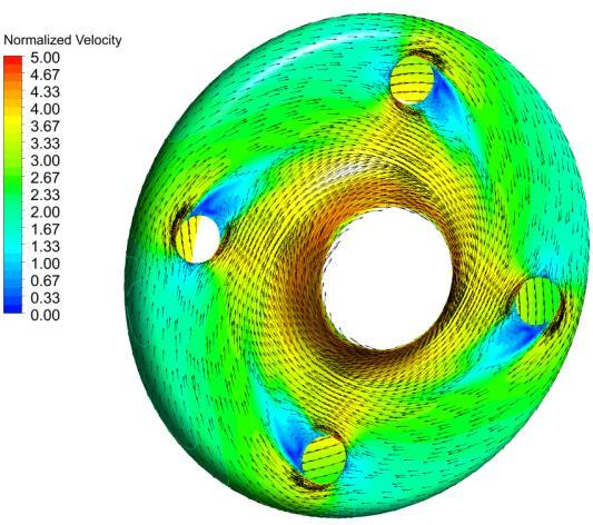 Reference geometry with bolts and spacers (on left), Normalized velocity with vectors in the return channel (on right) OPTIMIZATION Based on the reference geometry calculation, the initial