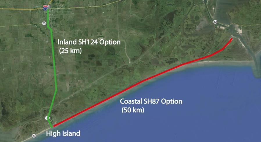 The land barrier along the coast (Bluewater HWY, CR-257) seems the best structural option, also because the estimated costs do not differ much from the inland option (950 M$ versus 898 M$