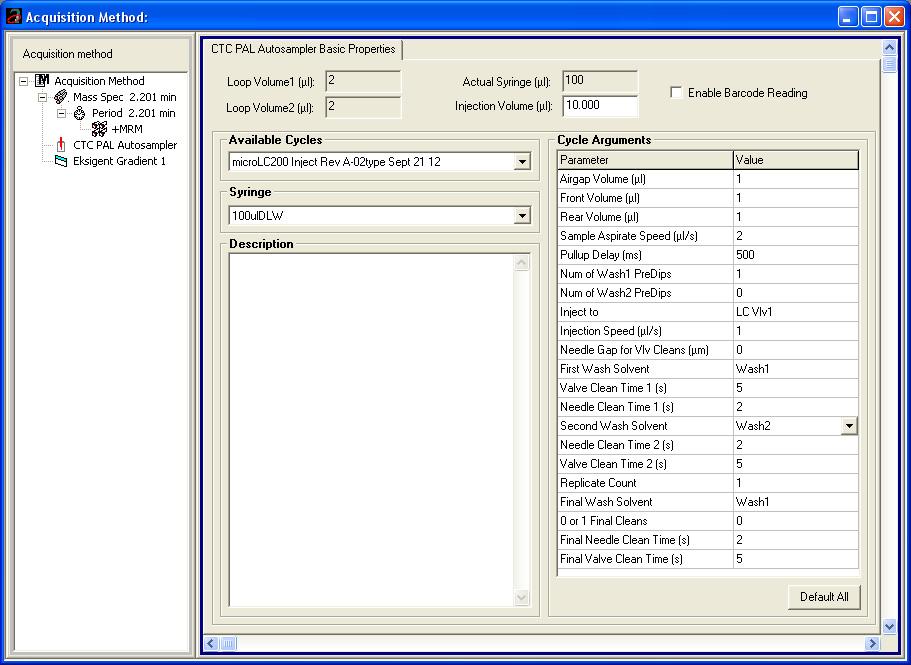 Principles of Operation Figure A-18 CTC PAL Autosampler Basic Properties Tab in the Acquisition Method Window, Showing microlc200-injection-rev B h2 Autosampler Method The autosampler method consists