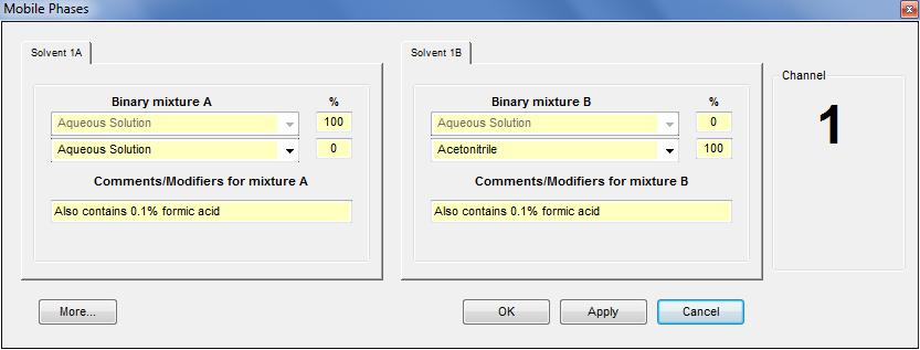 Using the System Figure 3-7 Mobile Phases Dialog Settings for the Example Experiment 3. Purge the pumps a minimum of 20 times. a. Click More to display additional options in the dialog. b.