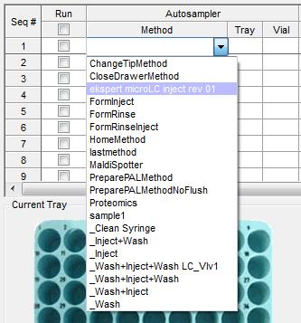 Using the System Figure 3-29 Run Manager Window, Showing Autosampler Method Selection The software automatically sets Tray and Vial to 1. b. Double-click the LC Method cell and select Analysis Test.