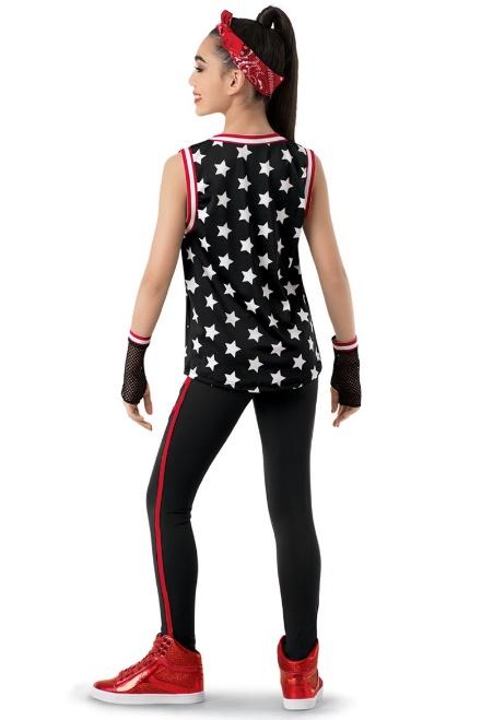 Separate ankle-length leggings with contrast striping from waist to hem and two angled stripes above the knees. Includes a paisley bandana and mesh mitt gloves.