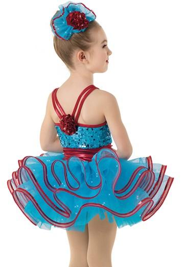 Metallic cummerbund accented with a matching rosette and a glitter tulle tutu trimmed in red sequins and crinoline. Includes a fan-pouf hair clip with glitter rosette.