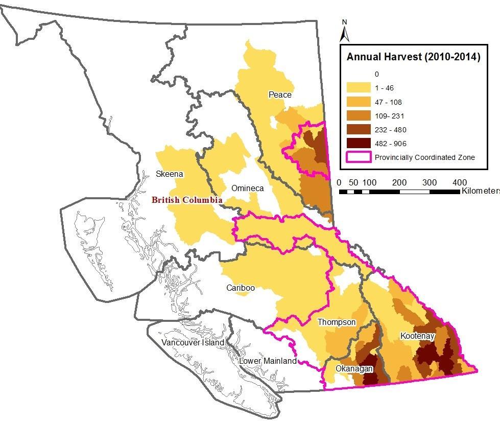 Figure 2: Average annual white-tailed deer harvest per Management Unit from 21-214. Data originate from the provincial hunter survey.