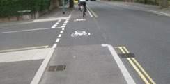 5m increased width, London Advanced stop line (ASL) to assist cyclists. ASL box normally 5m deep, up to 7.