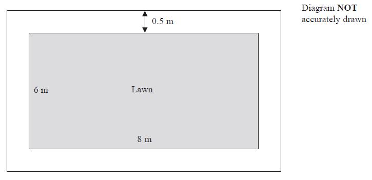 20. Here is a diagram of Gareth s lawn. The lawn is in the shape of a rectangle. The length of the lawn is 8 m. The width of the lawn is 6 m. There is a path all the way around the lawn.