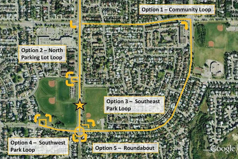 The five options, shown on Figure 2, are: Option 1 Community Loop Option 2 North Parking Lot Loop Option 3 Southeast Park Loop Option 4 Southwest Park Loop Option 5 Roundabout at 24 Street SW and