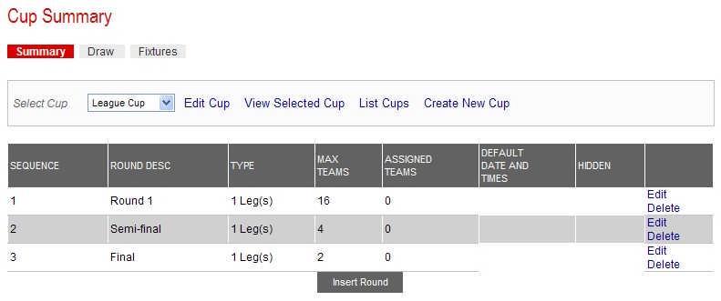 On the Cup Summary page, using the dropdown menu, select the cup required and click on Delete for the round you wish to remove.