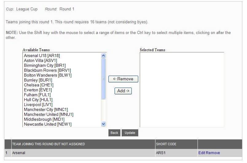 Step 4: Once a team has been Added, the screen will refresh and it is moved from the Available Teams column to the Selected Teams column. To save the teams selected, click on Update.