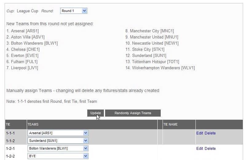 The Draw page appears, showing all of the teams due to be entered in the current round, but which have not yet been assigned to a tie.