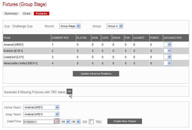 On the Cup Summary page, using the dropdown menu, select the cup required and select the Group Stage Round.