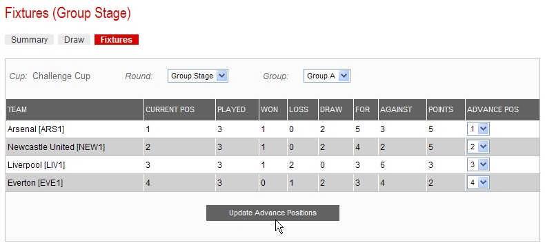 Step 1: From Admin Home, click on Cup Wizard. On the Cup Summary page, using the dropdown menu, select the cup required and the Group Stage round.