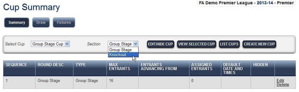 Step 5b: A new line will be present in the second step of the cup setup asking you to provide the name of the Knockout Stage by default this will be Knockout.