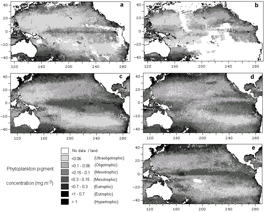 Figure 3. Primary production in the Pacific Ocean. Composite images of satellite-derived phytoplankton pigment concentration.