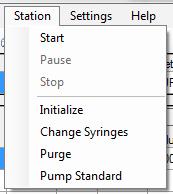 Station Menu Start Starts the sequence according to the values given Pause Stop Initialize Pauses the run. Continue by clicking Start.