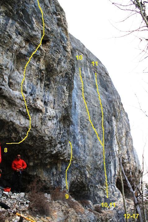P a g e 10 10. Open Project 5.13? 16m 11 bolts (Prep: P. Nelson) The left trending line of blank grey rock. Tough boulder crux leads to technical face climbing. 11. Open Project 5.13? 16m 11 bolts (Prep: P. Nelson) The vertical line of blank grey rock.