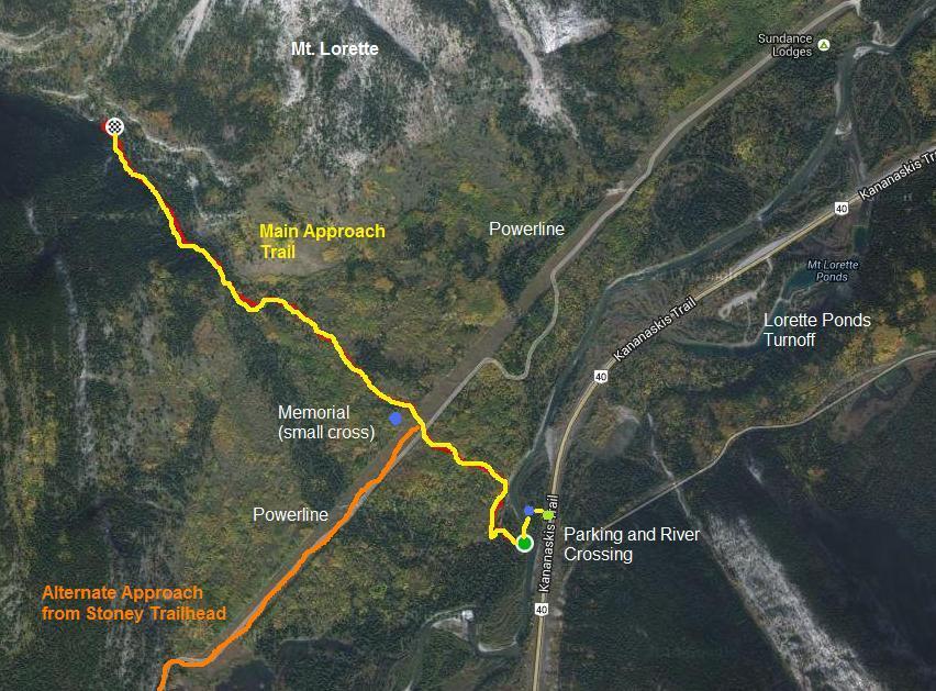 P a g e 4 Figure 2: Trail to Unicorn Canyon Another approach option to avoid the river crossing is to drive past the parking, and turn right at the Nakiska ski hill/kananaskis Village turnoff (Mt.