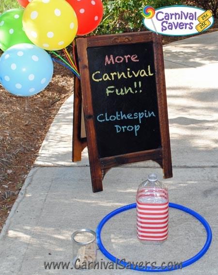 Clothespin Drop Materials Needed: Large jug with small opening (we used a clear 1 gallon water jug and covered it with red and white striped paper) Clothespins (You will want 50-100 clothespins to