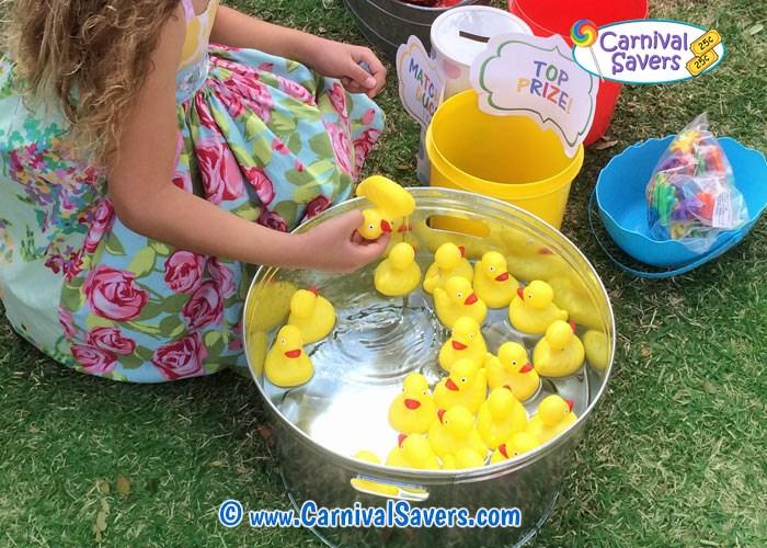 Duck Pond Grab Supplies for Matching Ducks Carnival Game: Several rubber ducks that float without tipping over Toddler Pool or other large bucket or container with water to make the ducks float