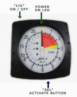 4. TURN ON/OFF The needle parks at approximately 22,000 when the unit is off. To turn the unit on press and hold the Activate Button marked SEL and then press ON/OFF Button marked I/O.