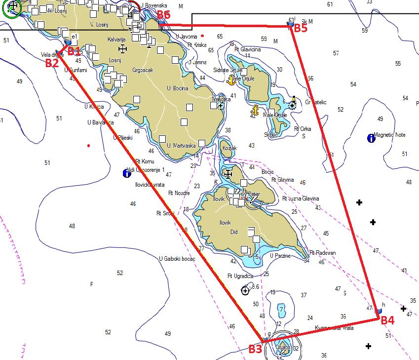ZONE B: COORDINATES ZONE B Forbbiden is chanal between island ILOVIK and island ST. PETAR B1-44 30.761 N 14 28.401 E B2-44 30.