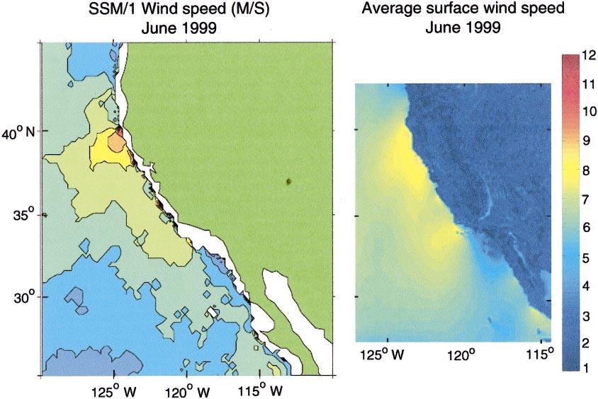 1158 JOURNAL OF PHYSICAL OCEANOGRAPHY VOLUME 34 FIG. 5. Surface wind speed (m s 1 ) averaged for all of Jun 1999 as (left) derived from SSM/I satellite data and (right) simulated with MM5.
