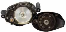 The centrifugal brakes provide initial braking at the beginning of the cast to reduce backlash and can be turned off to reduce braking by removing the palming sideplate and