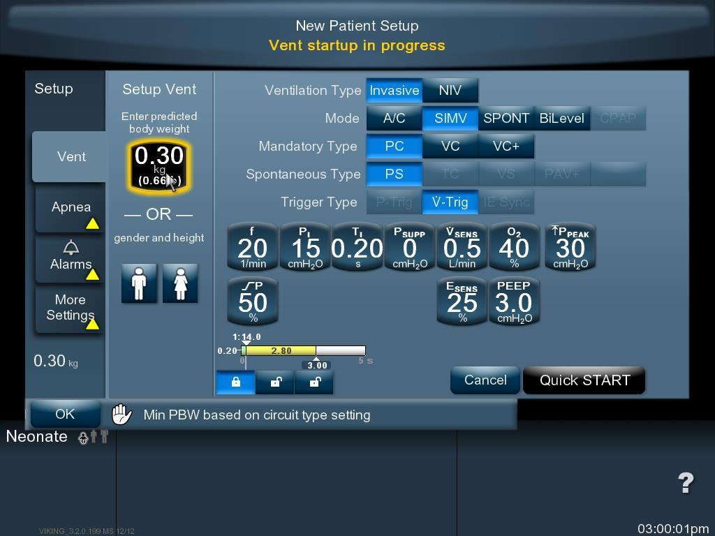 PURITAN BENNETT NEOMODE 2.0 SOFTWARE SETUP Select actual patient weight Range for neonates is 0.3 kg to 7.0 kg (0.66 lb. to 15 lb.