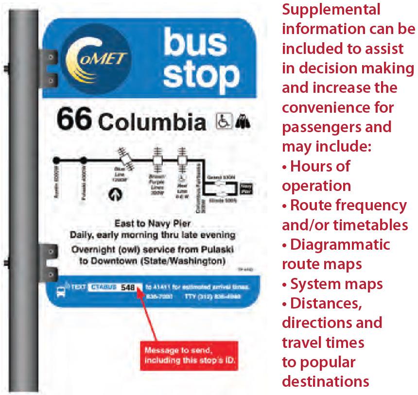 9.14.4.5.2 AASHTO. A Policy on Geometric Design of Highways and Streets. 2004. 9.15 Transit and Bicycle Wayfinding 9.15.1 Transit Wayfinding Figure 9-72. Transit Wayfinding 9.15.1.1 Description - Transit wayfinding is important primarily for informing the public on where to access transit, and to assist users in making educated route plans to reach their destinations.
