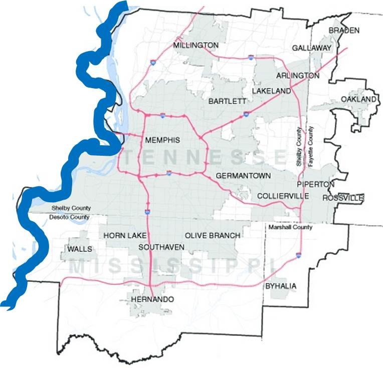 Memphis MPO - Background Bi- State MPO TN and MS Planning Area: 2 full counties and 2 partial counties Coordination with AR (West Memphis MPO) 18 Municipalities Quick Facts: Population approx. 1.1 million Land Area: 1348 sq.