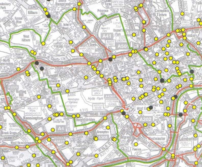 Road Danger in Westminster Fatal (Black) and Serious (Yellow) Pedestrian Casualties in Westminster 2012 Main roads.